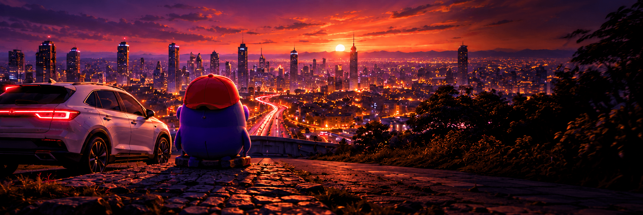 Bro mascot and Bro vehicle overlooking Johannesburg at sunset