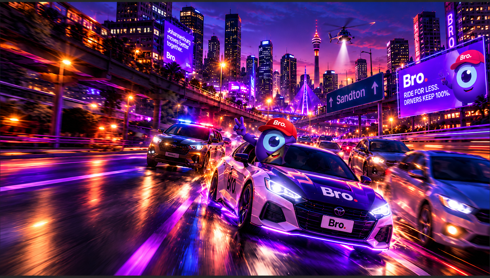 Bro Drive neon Johannesburg night drive with Bro vehicles and mascot