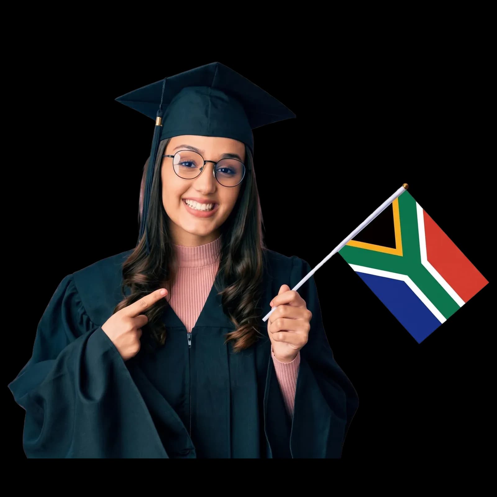 Smiling graduate in cap and gown holding a South African flag