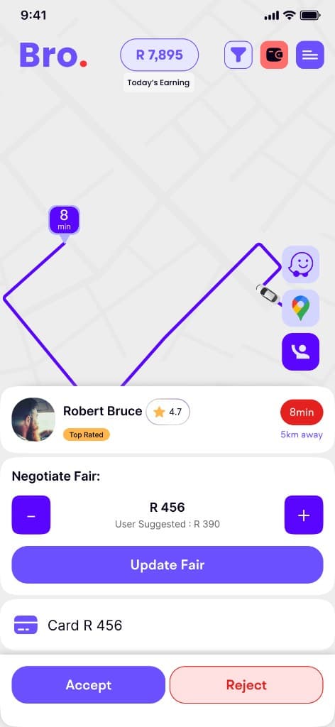 Bro Driver app with live earnings and trip dashboard