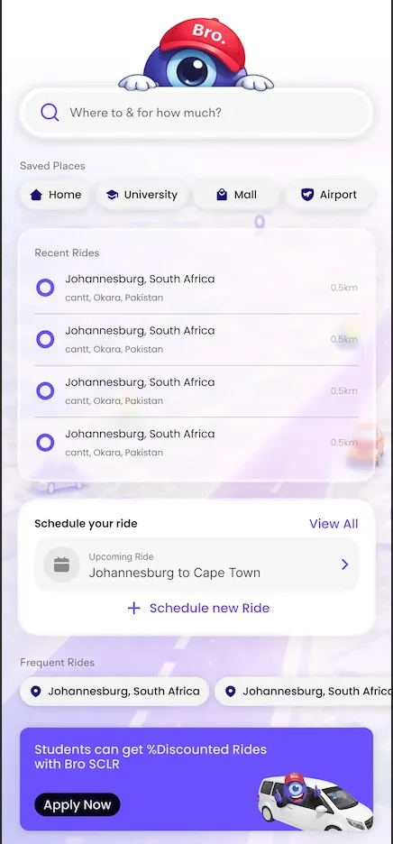Bro Cabs rider app home screen with search and saved places