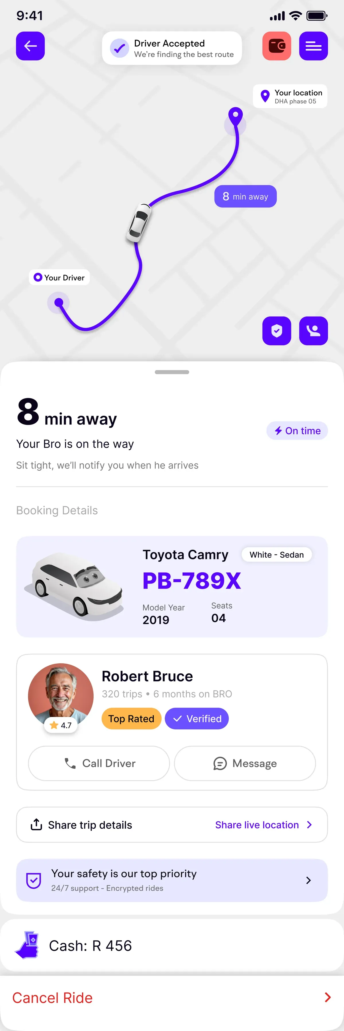 Bro Cabs rider app, driver accepted with live route and vehicle details