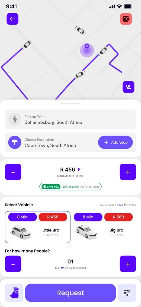 Bro Cabs rider app request ride screen with pickup, destination, fare, and vehicle selection