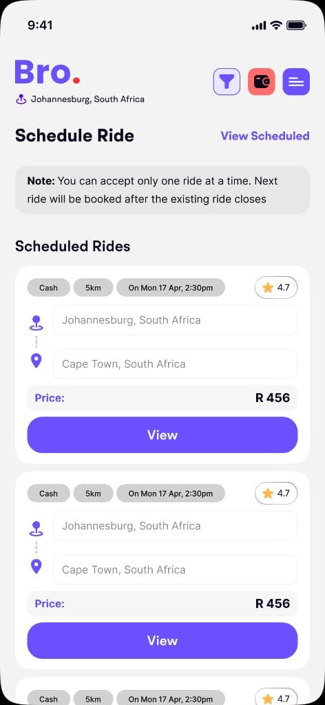 Bro Driver app Schedule Ride screen with available scheduled trips to accept