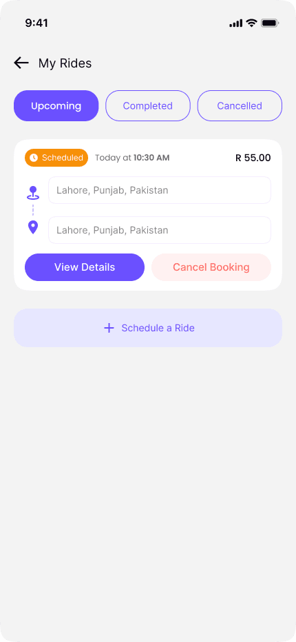 Bro Driver app My Rides screen showing upcoming scheduled trips