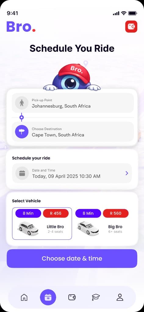 Bro rider app schedule ride screen with pickup, destination, date and vehicle selection