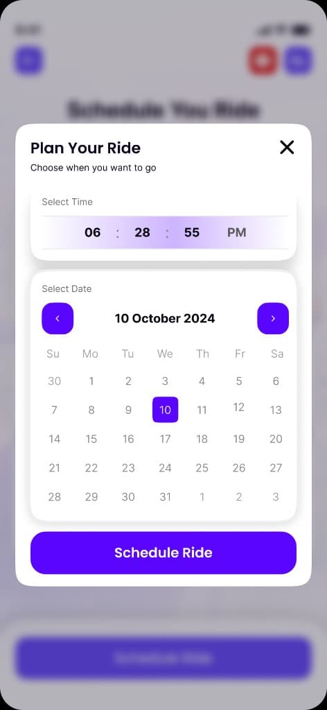 Bro rider app Plan Your Ride date and time picker