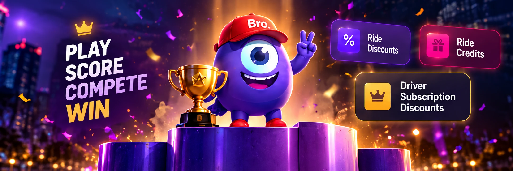 Bro mascot celebrating with a trophy, rider rewards and driver rewards