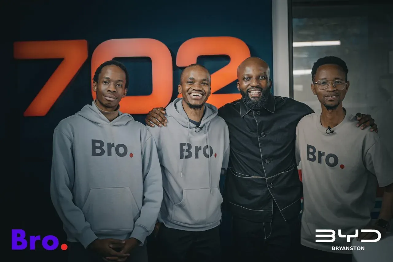 The Bro executive team in Bro apparel with radio host Clement Manyathela at the 702 studio in Johannesburg