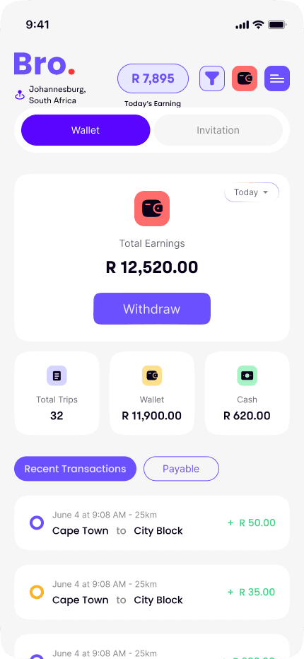 Bro Driver My Wallet screen showing total earnings, withdraw button, and trip transactions