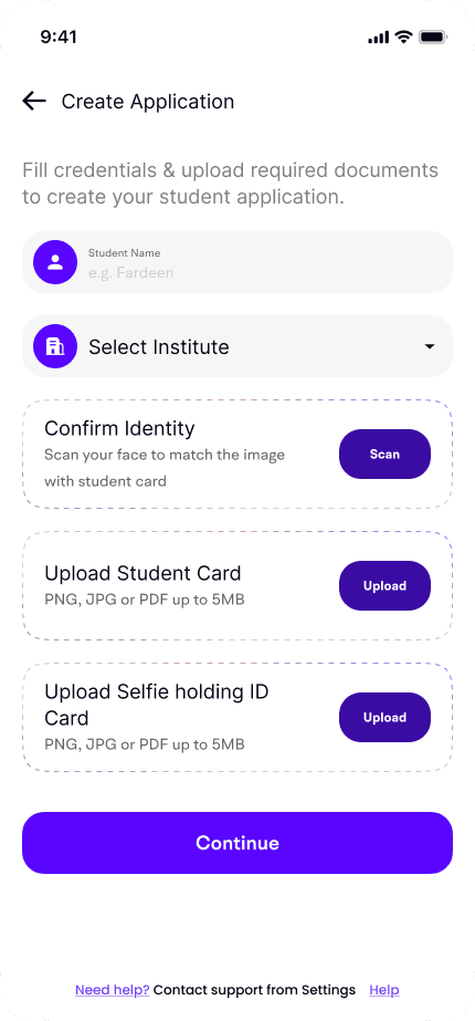Bro SCLR create application form with student verification
