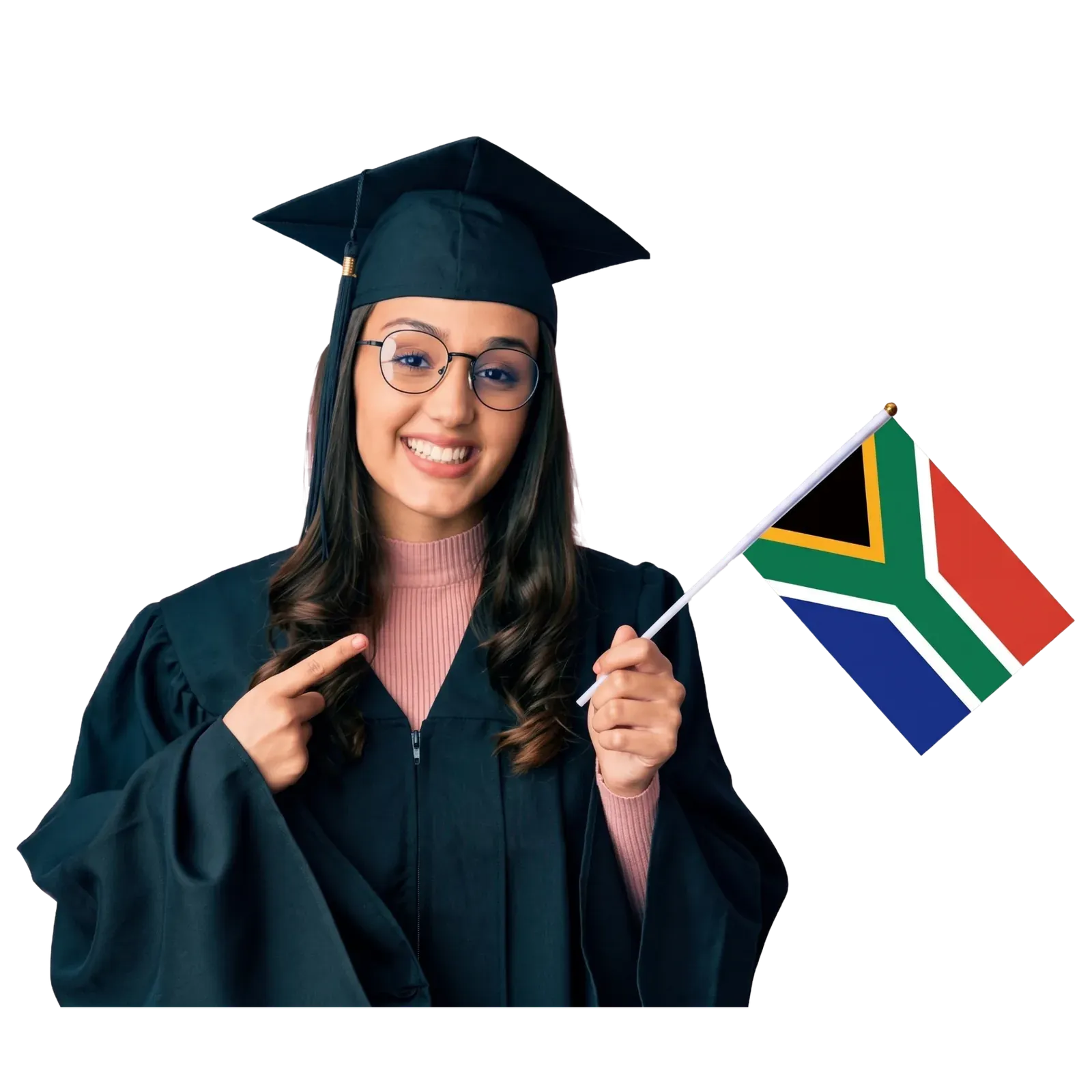 Smiling graduate in cap and gown holding a South African flag